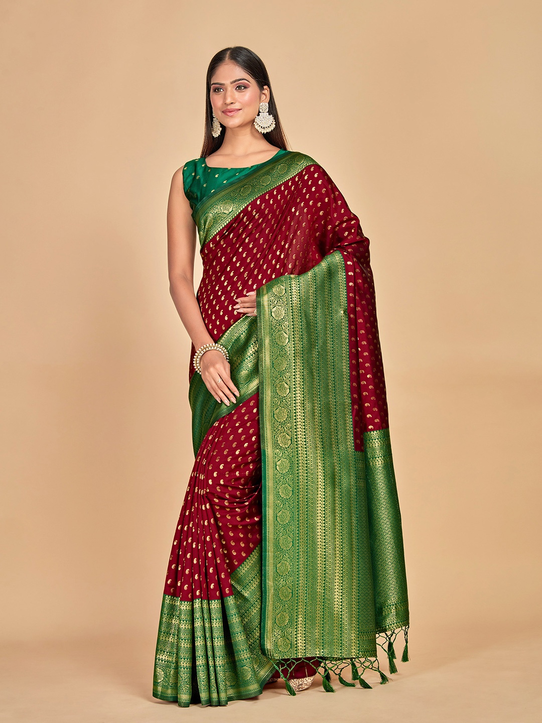 

MIMOSA Ethnic Motifs Woven Design Zari Kanjeevaram Saree, Maroon