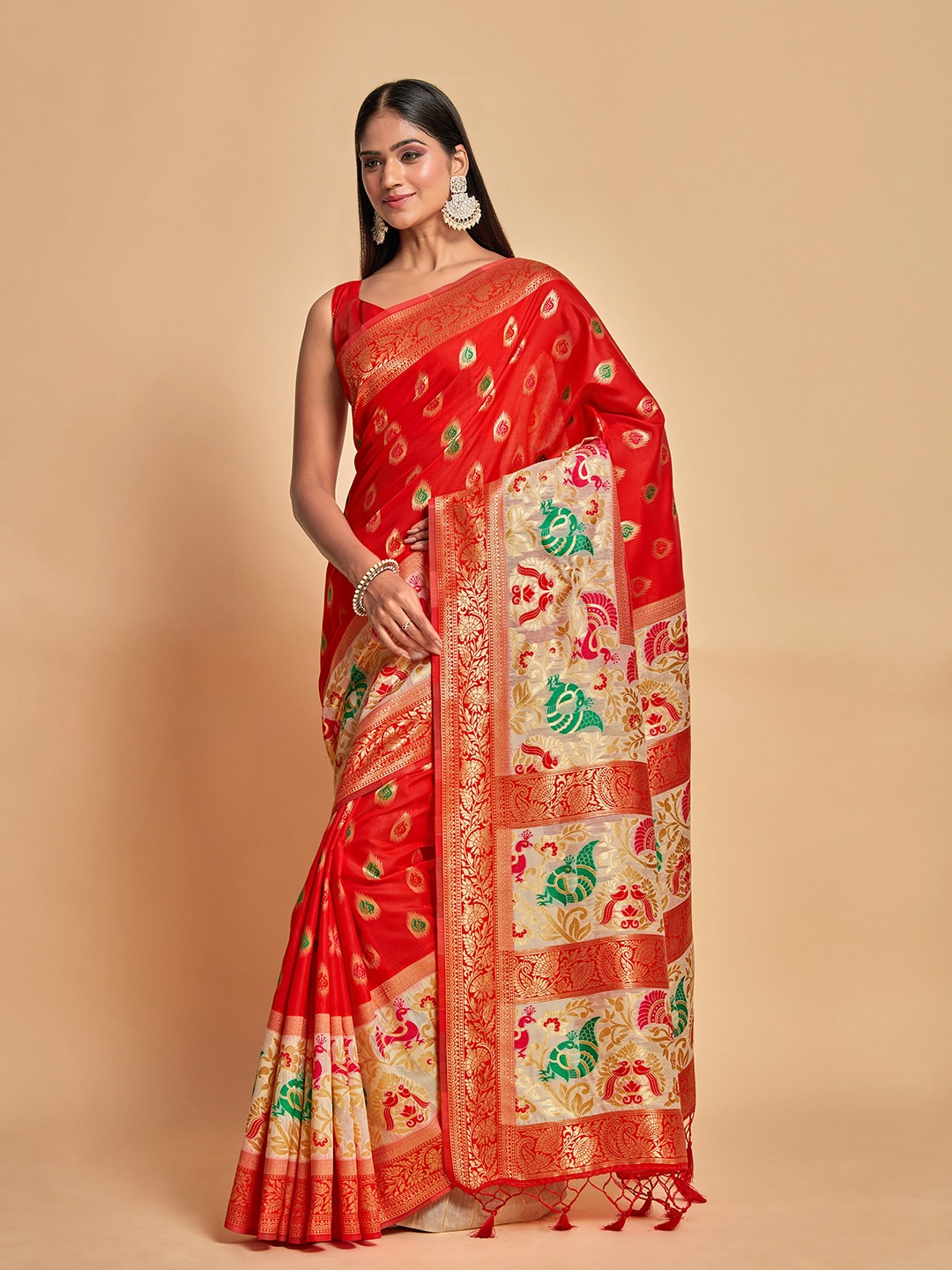 

MIMOSA Paisley Woven Design Zari Kanjeevaram Saree, Red