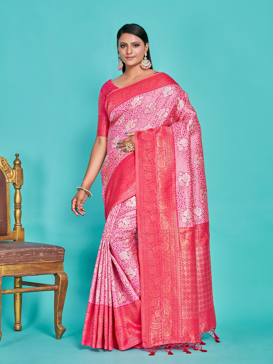

MIMOSA Floral Woven Design Zari Art Silk Kanjeevaram Saree, Pink