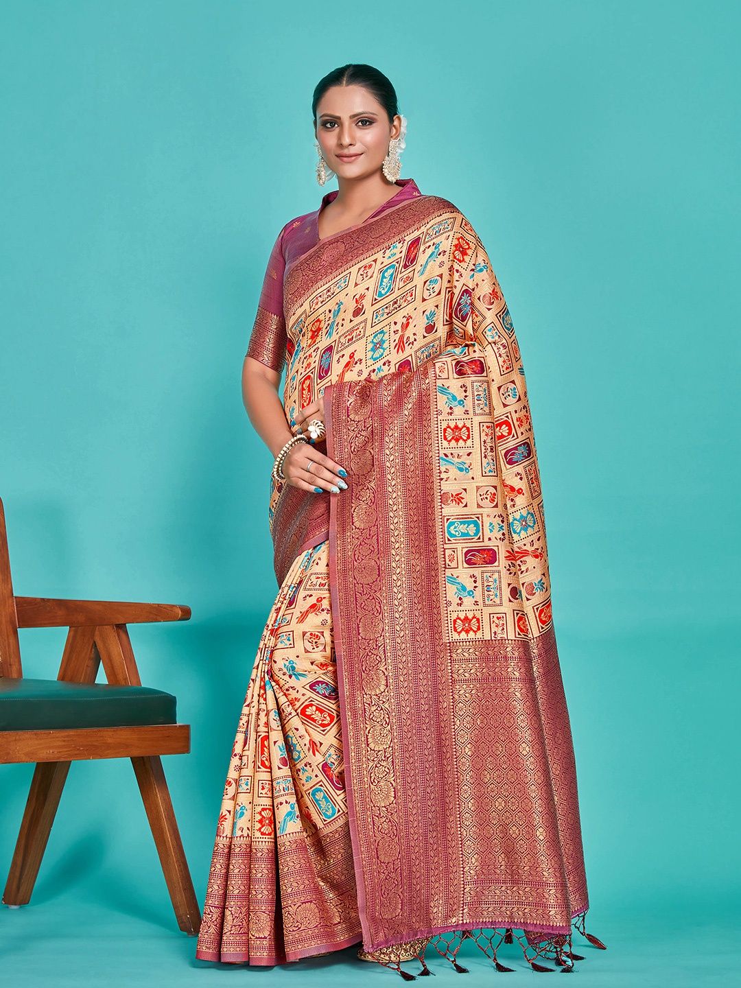 

MIMOSA Ethnic Motif Woven Design Zari Kanjeevaram Saree, Peach