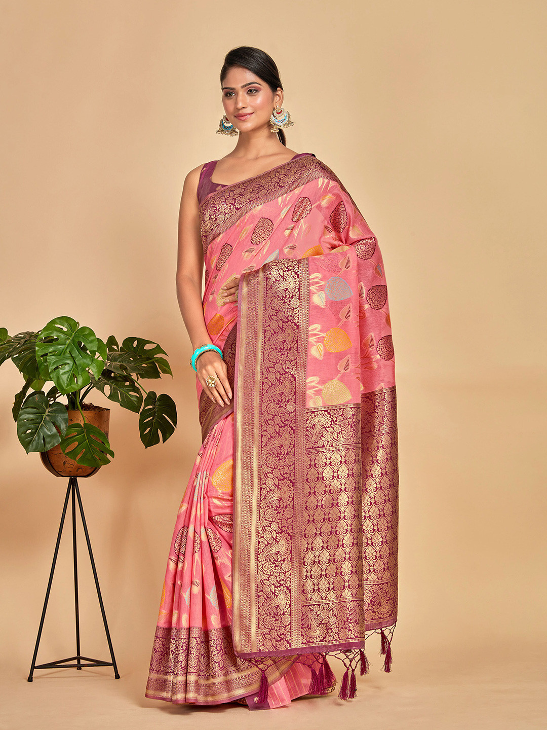 

MIMOSA Ethnic Motif Woven Design Zari Kanjeevaram Saree, Pink