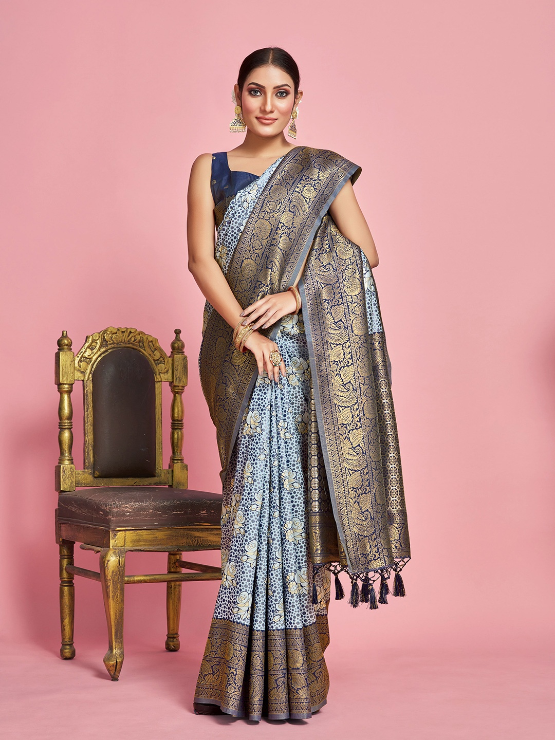 

MIMOSA Floral Woven Design Zari Art Silk Kanjeevaram Saree, Blue