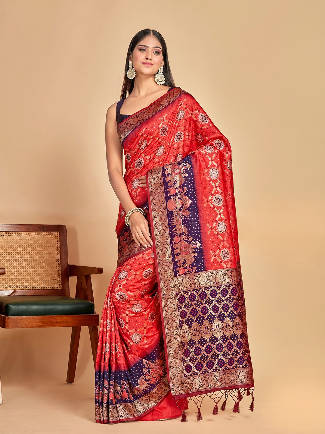 

MIMOSA Ethnic Motifs Woven Design Zari Patola Saree, Rust
