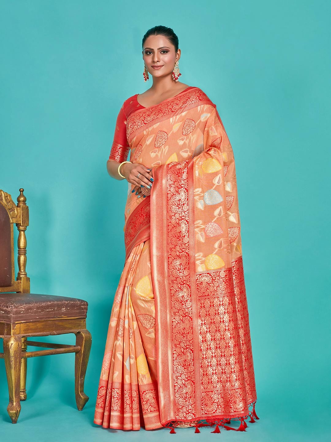 

MIMOSA Floral Woven Design Zari Kanjeevaram Saree, Peach