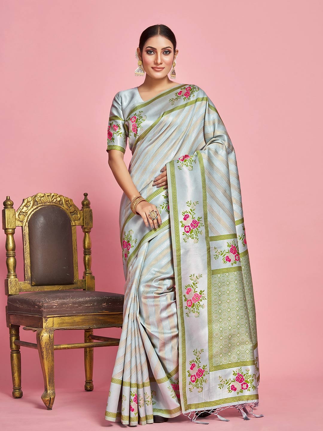 

MIMOSA Ethnic Motifs Woven Design Zari Art Silk Banarasi Saree, Grey