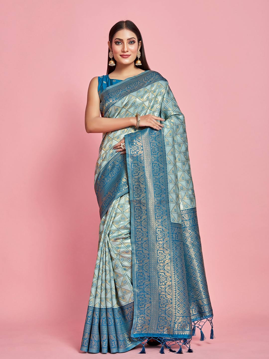 

MIMOSA Zari Art Silk Kanjeevaram Saree, Turquoise blue