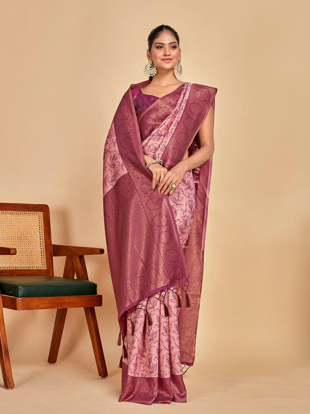

MIMOSA Floral Woven Design Zari Banarasi Saree, Pink