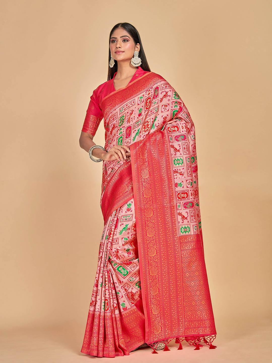 

MIMOSA Ethnic Motifs Woven Design Zari Art Silk Kanjeevaram Saree, Pink