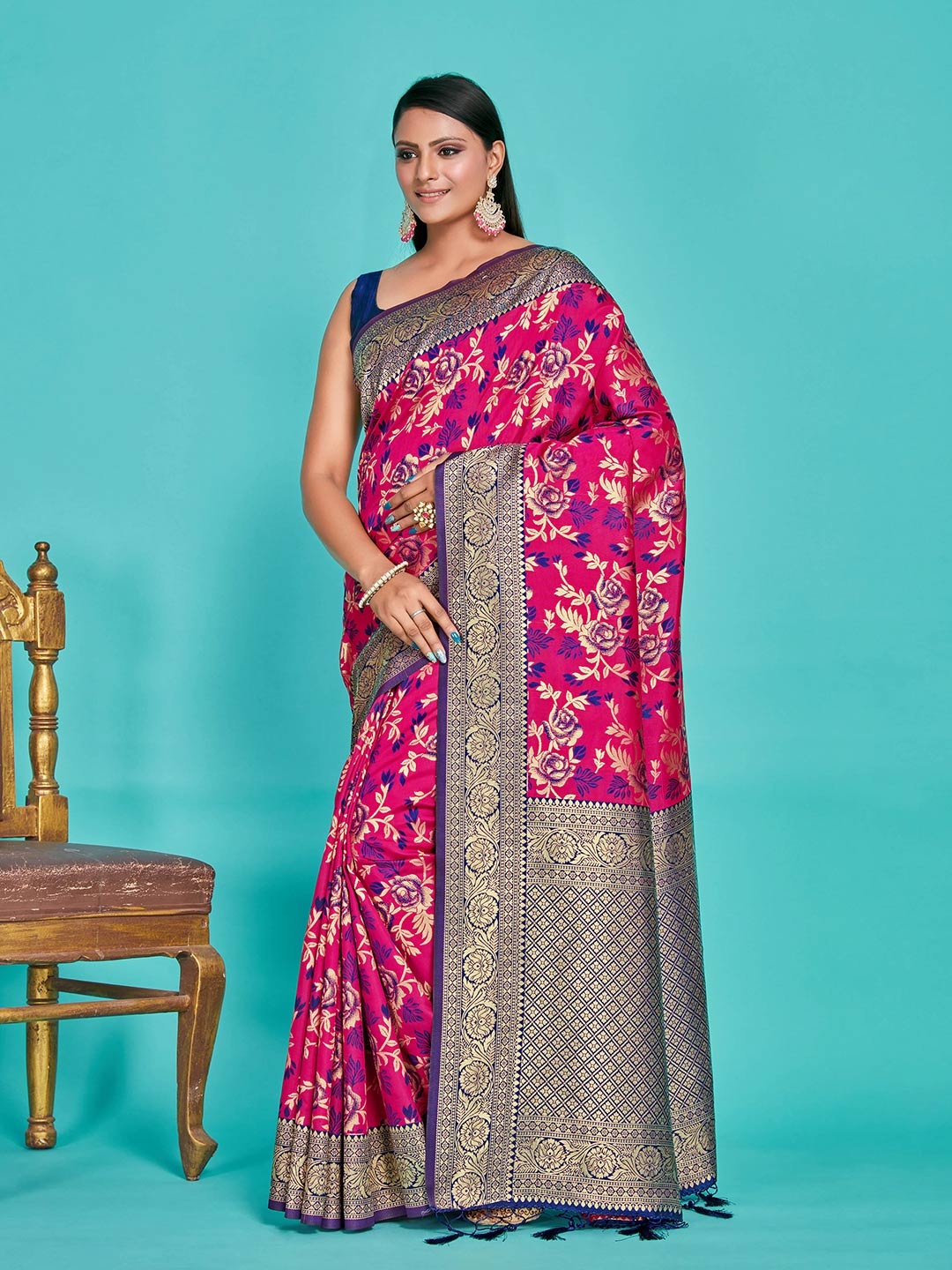 

MIMOSA Floral Woven Design Zari Kanjeevaram Saree, Pink