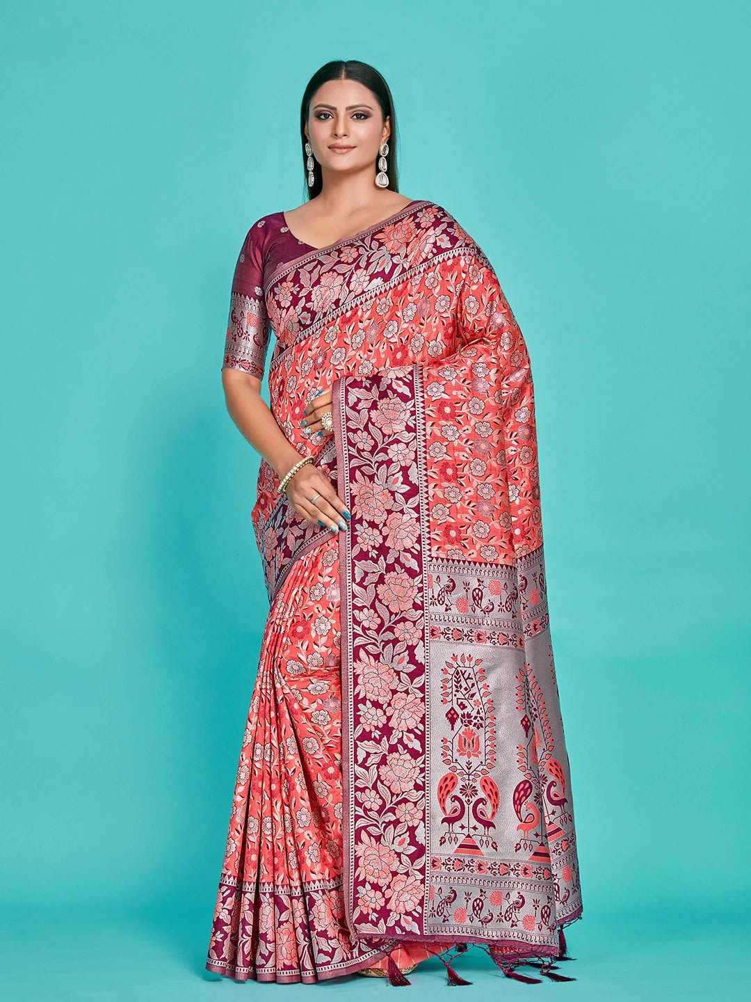 

MIMOSA Floral Woven Design Zari Art Silk Kanjeevaram Saree, Coral