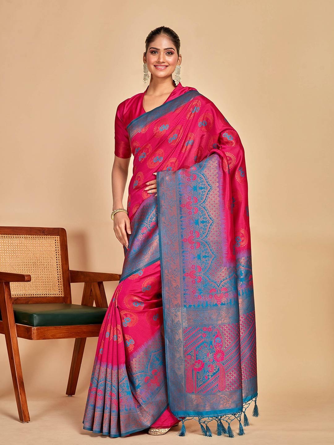 

MIMOSA Floral Woven Design Zari Kanjeevaram Saree, Pink