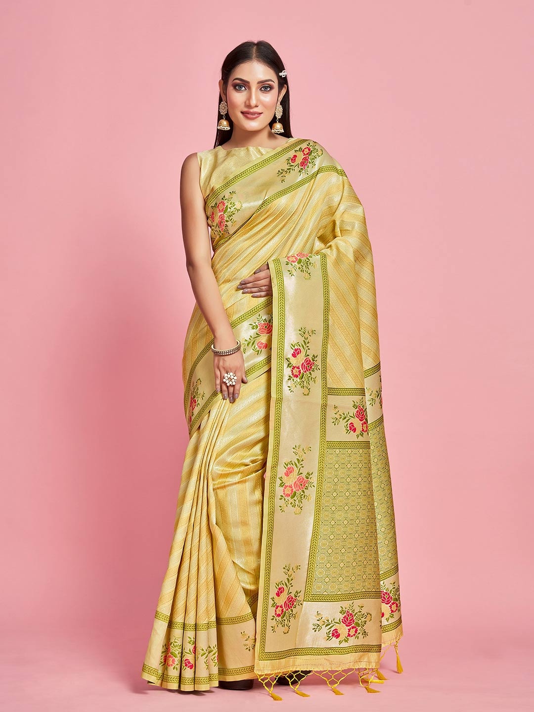 

MIMOSA Floral Woven Design Zari Banarasi Saree, Yellow