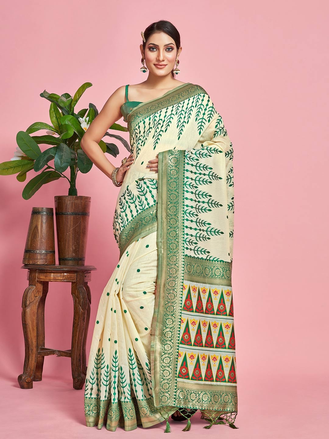 

MIMOSA Floral Woven Design Zari Banarasi Saree, Beige