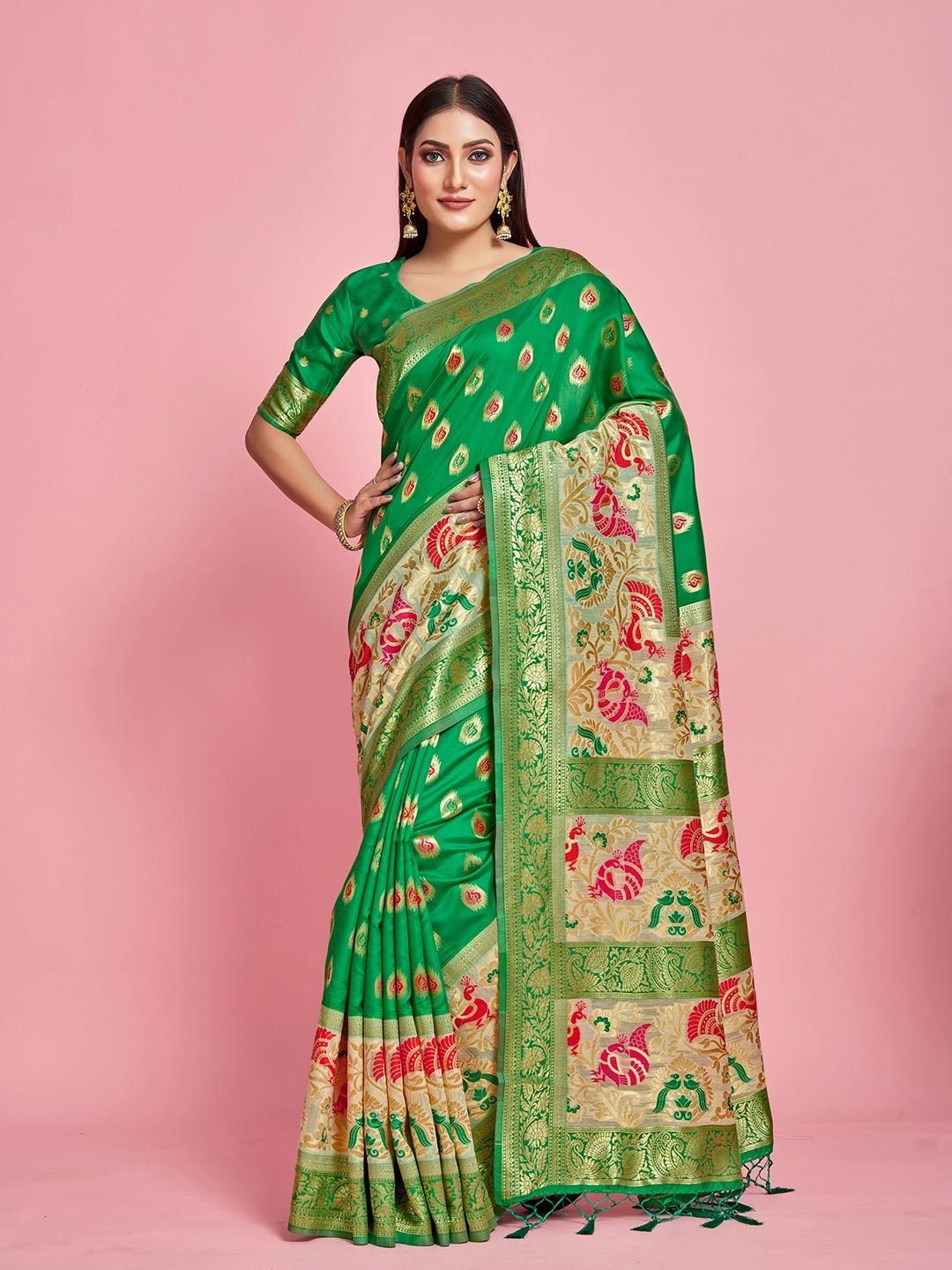 

MIMOSA Ethnic Motifs Printed Zari Kanjeevaram Saree, Green