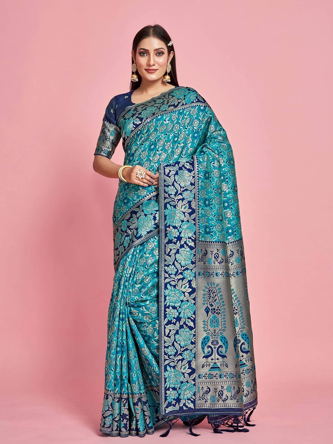 

MIMOSA Floral Woven Design Zari Kanjeevaram Saree, Turquoise blue