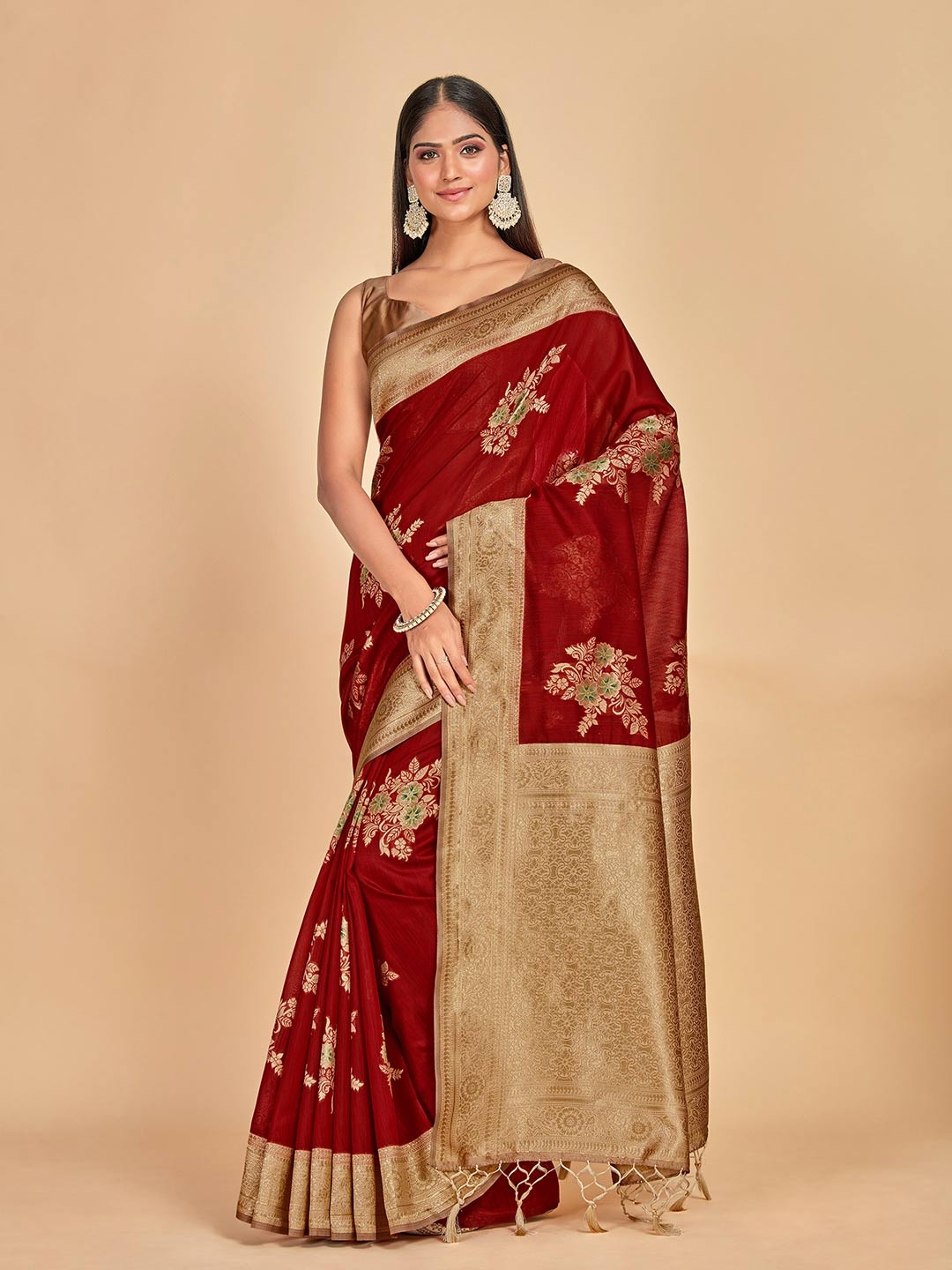 

MIMOSA Floral Woven Design Zari Kanjeevaram Saree, Maroon