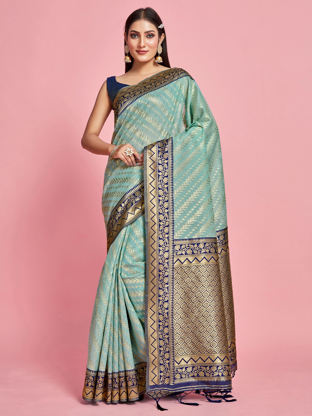 

MIMOSA Floral Woven Designed Zari Kanjeevaram Saree, Turquoise blue