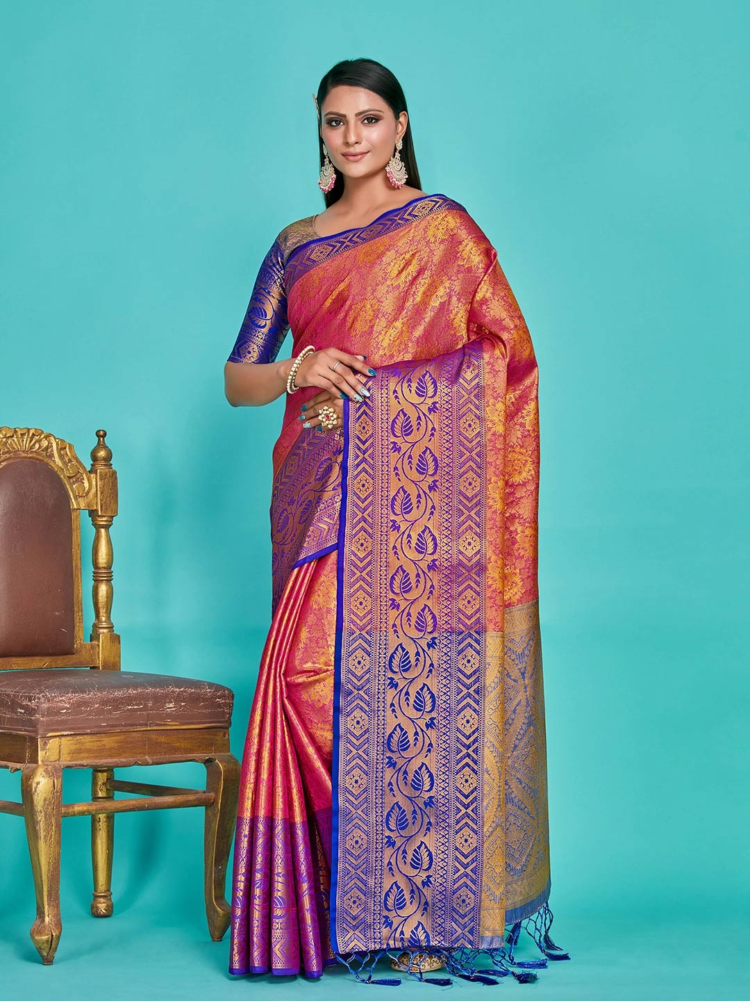 

MIMOSA Floral Woven Design Zari Art Silk Kanjeevaram Saree, Pink