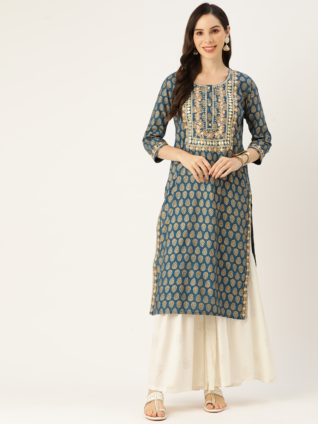 

Rue Collection Women Floral Printed Mirror Work Cotton Kurta, Teal
