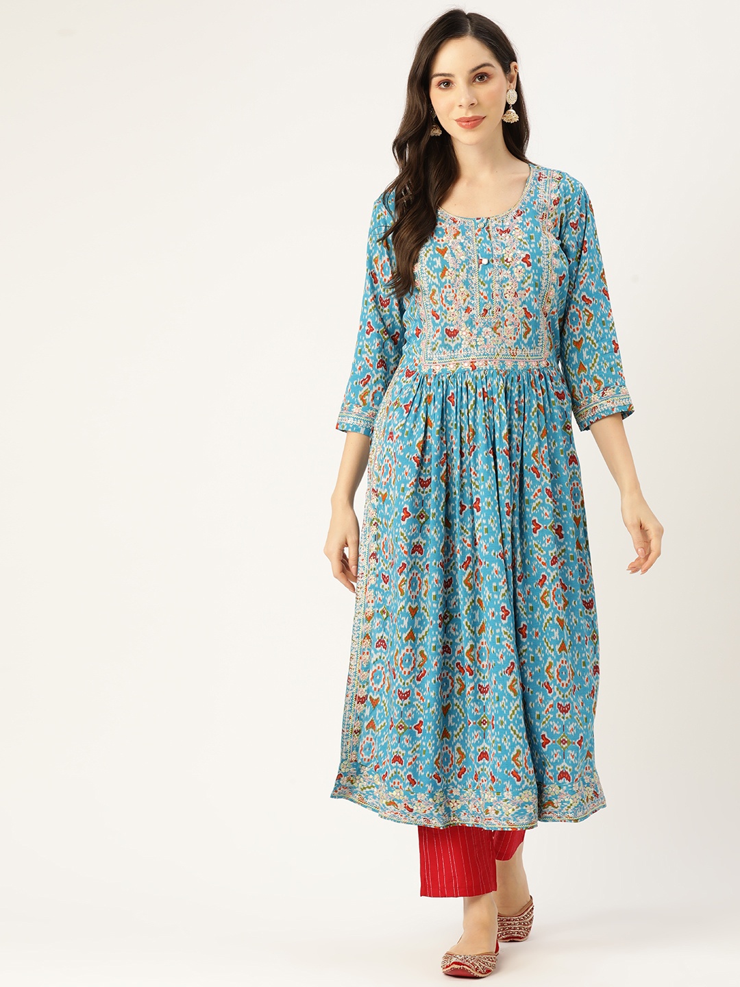 

Rue Collection Women Floral Yoke Design Mirror Work Cotton Kurta, Turquoise blue