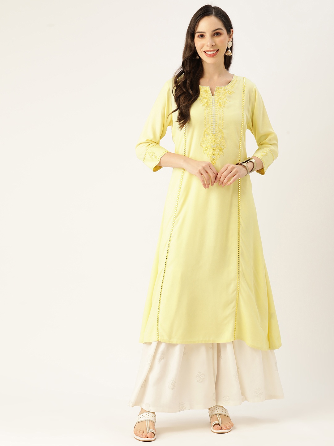 

Rue Collection Women Floral Yoke Design Mirror Work Kurta, Yellow