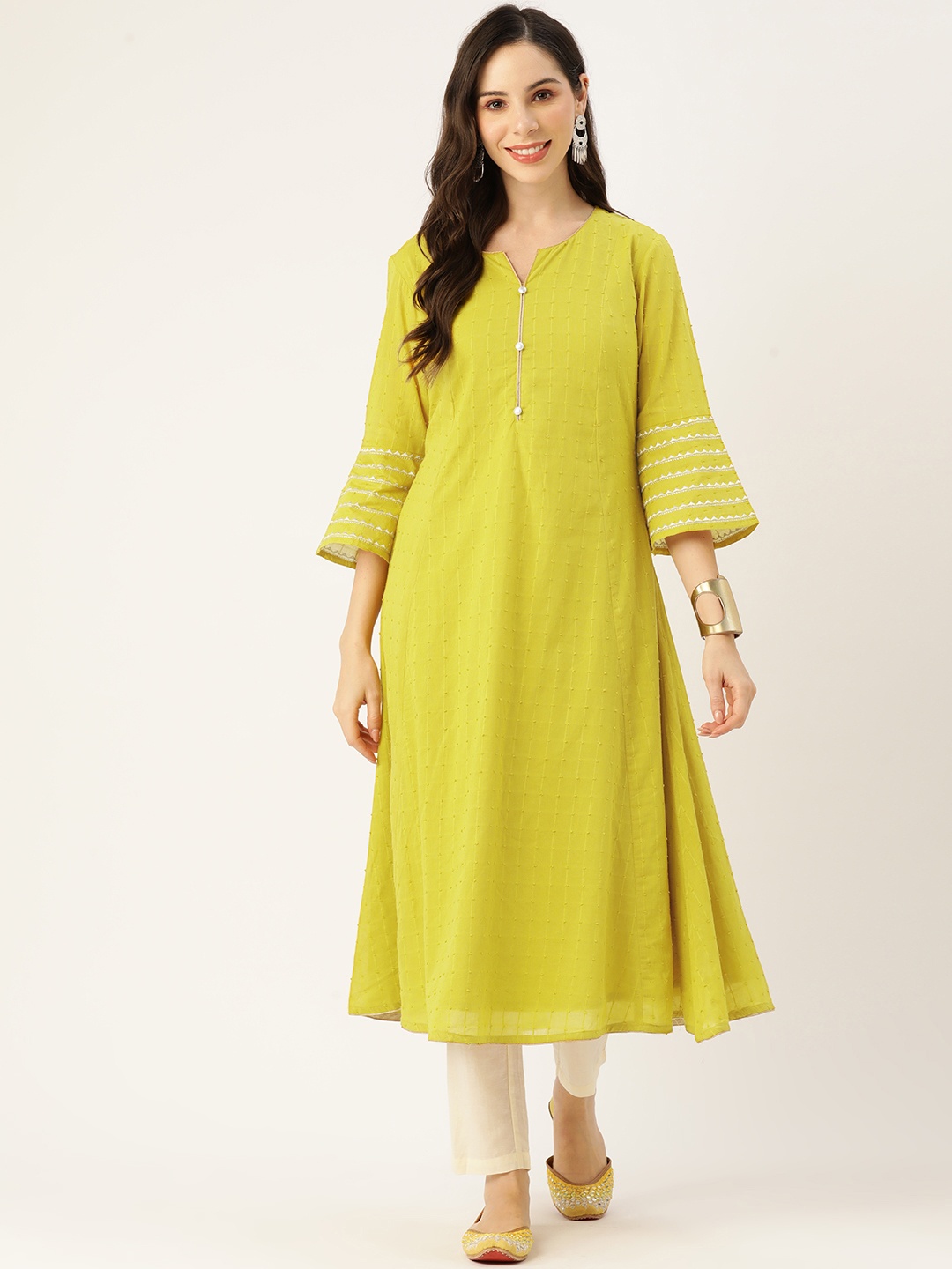 

Rue Collection Women Bell Sleeves Thread Work Kurta, Lime green