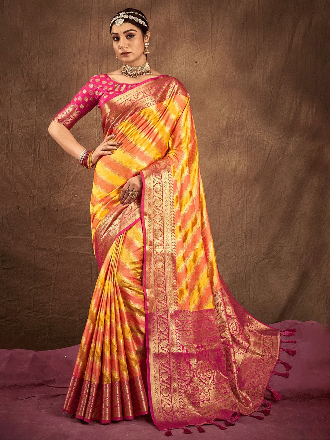 

Mitera Yellow & Pink Woven Design Zari Organza Banarasi Saree