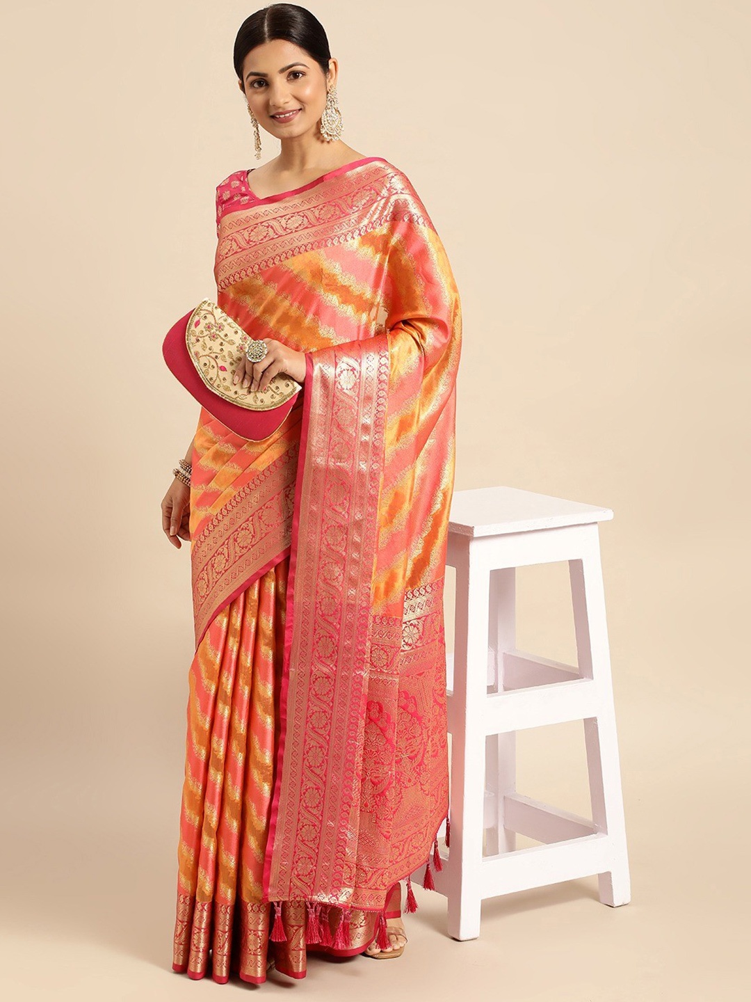 

Mitera Orange & Red Ethnic Motifs Woven Design Zari Organza Banarasi Saree