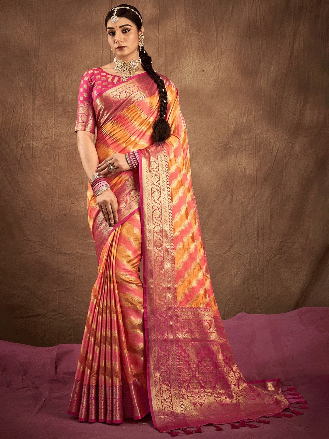 

Mitera Woven Design Zari Organza Banarasi Saree, Orange