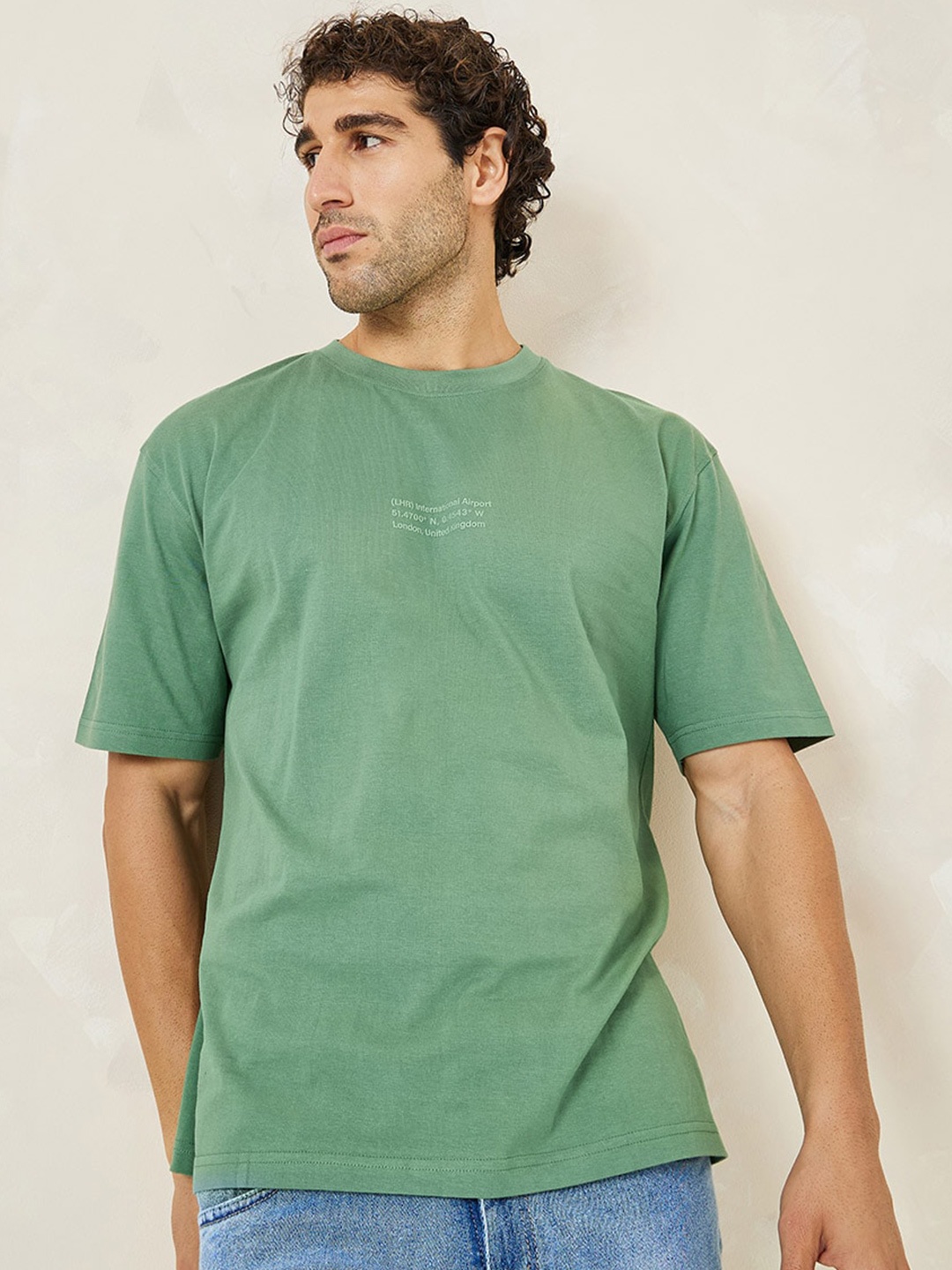 

Styli Round Neck Pure Cotton Oversized T-shirt, Green