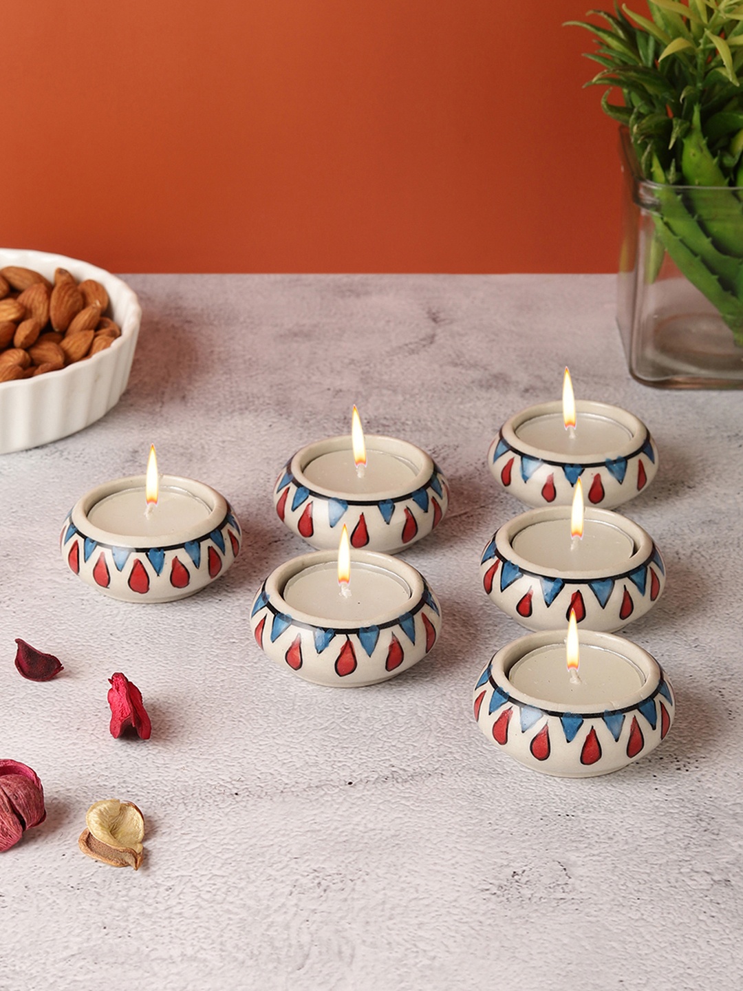 

VarEesha 6 Pcs Beige & Blue Printed Ceramic Diyas & Tea Light Holders