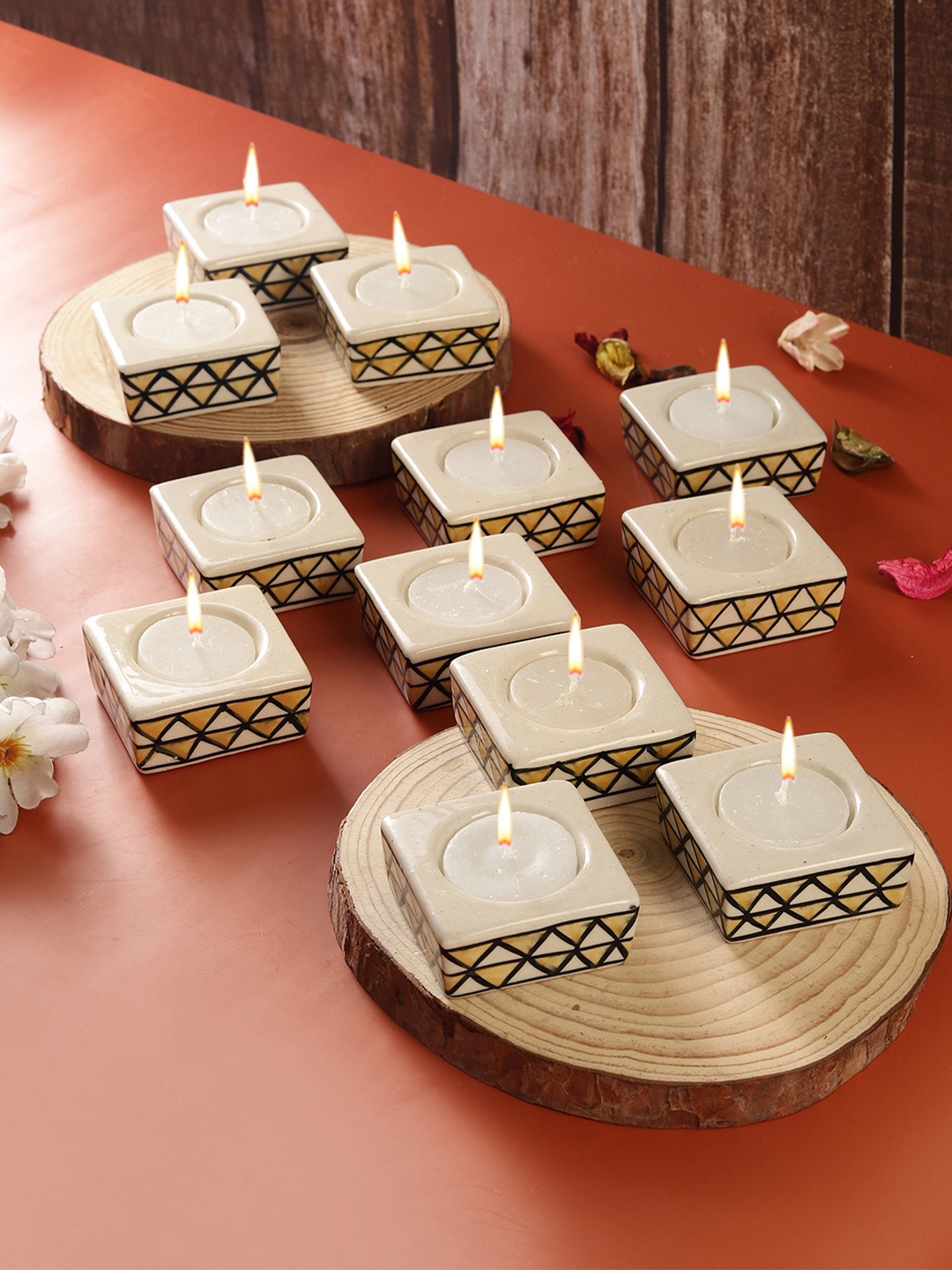 

VarEesha 12 Pcs Yellow Square Ceramic Diyas & Tea Light Holders