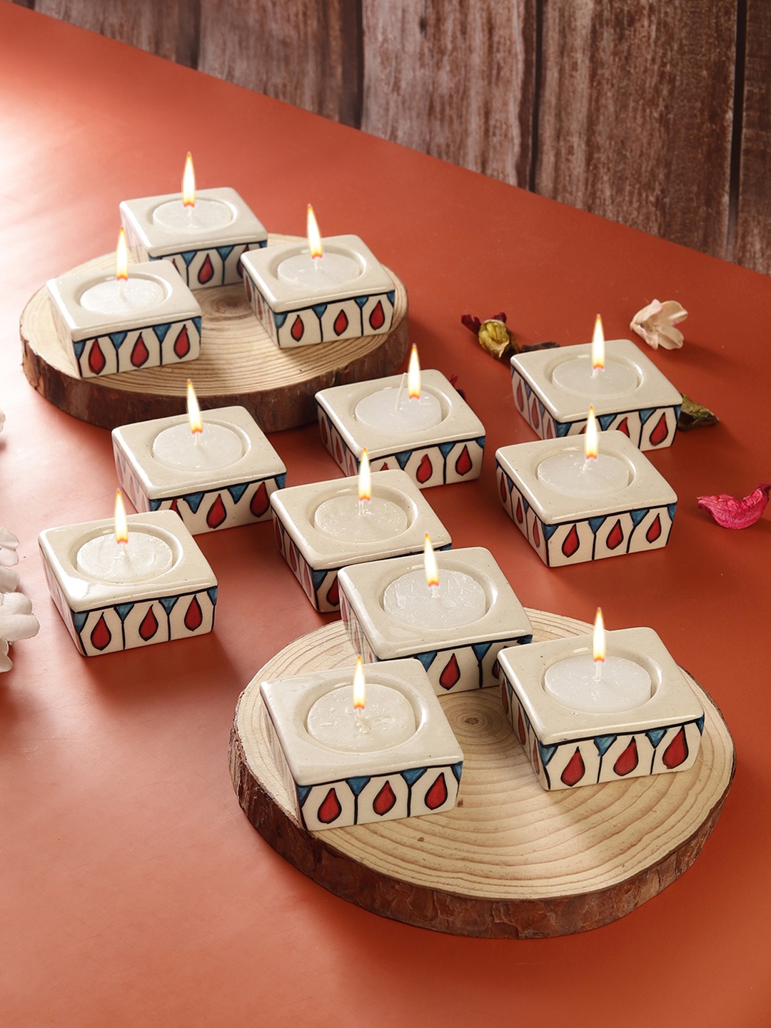 

VarEesha 12 Pcs Cream-Coloured & Red Textured Ceramic Tea Light Holders