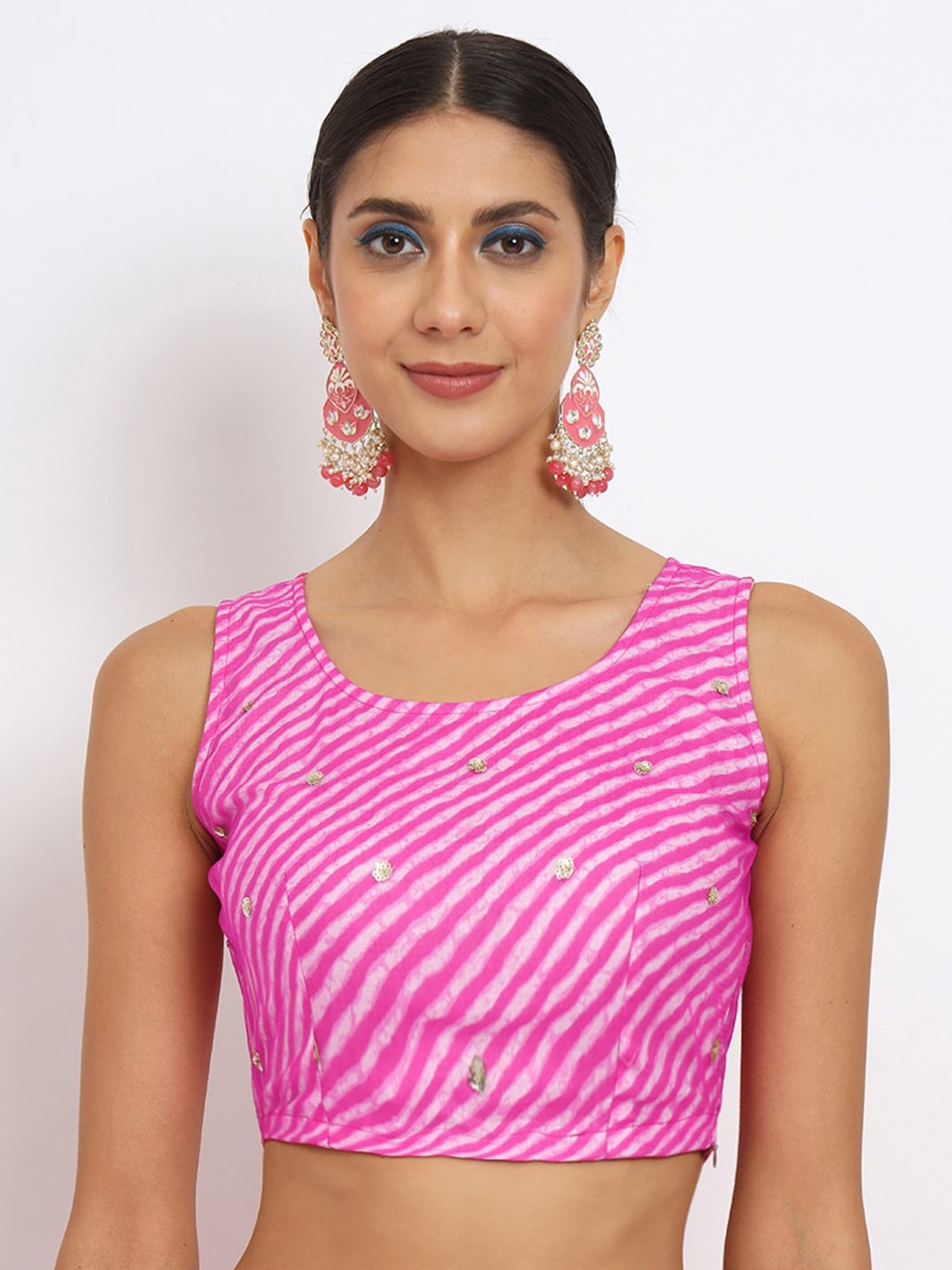 

studio rasa Leheriya Printed Sequinned Cotton Net Saree Blouse, Pink