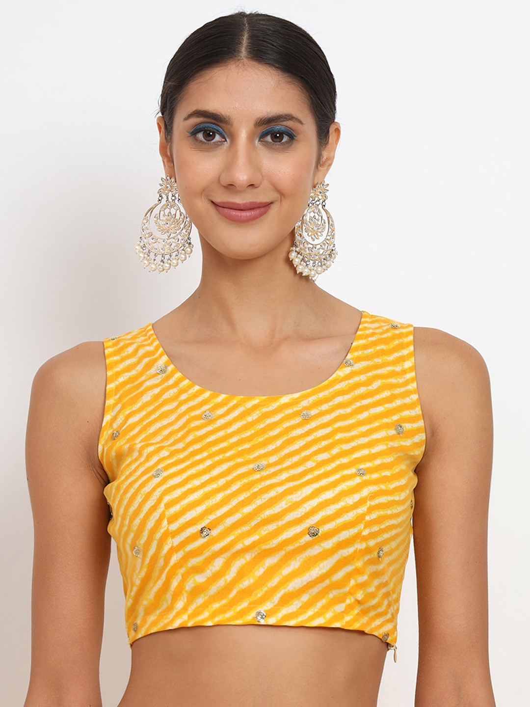 

studio rasa Leheriya Printed Sleeveless Cotton & Net Saree Blouse, Yellow