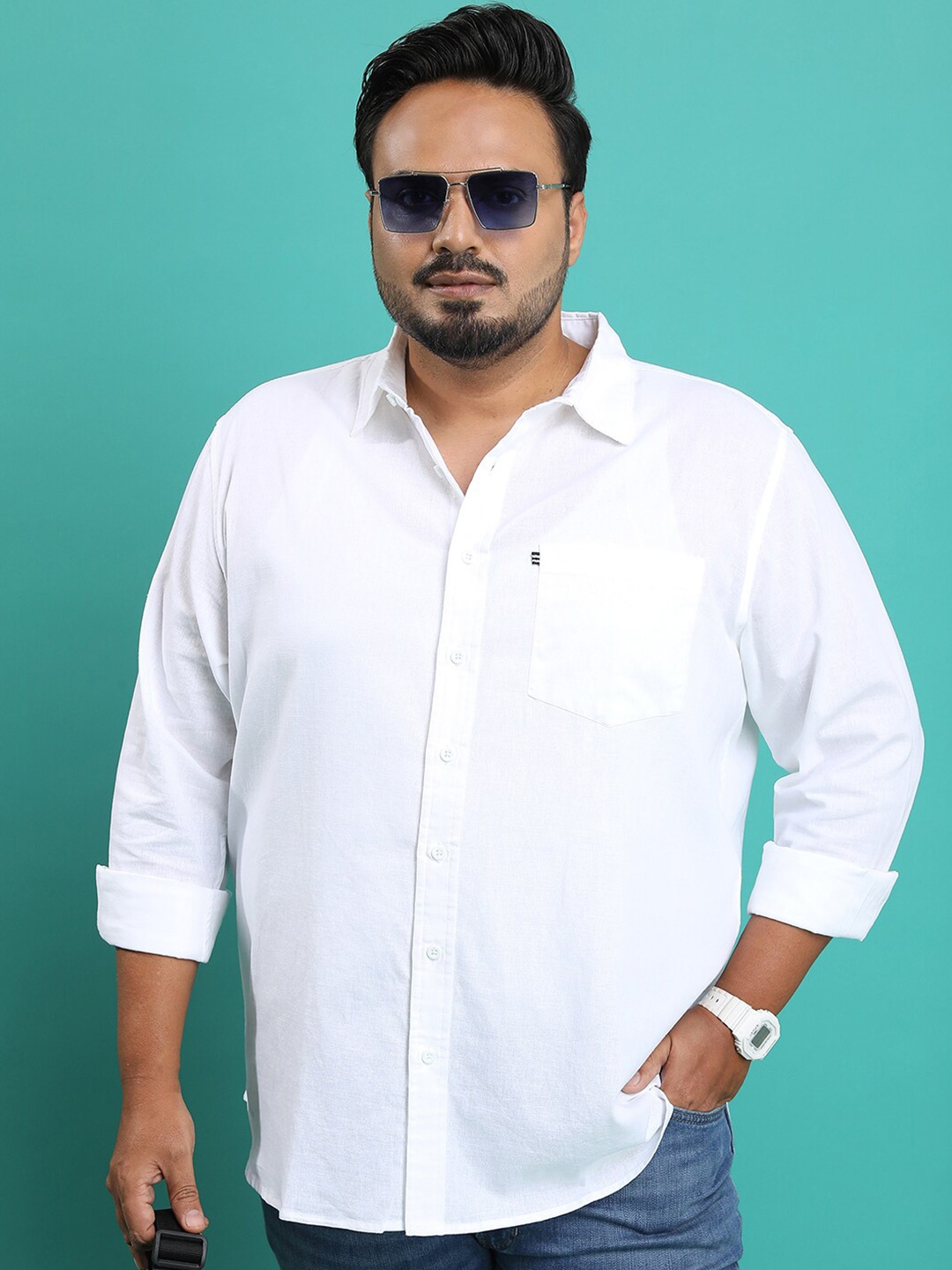 

HIGHLANDER Plus Size Regular Fit Spread Collar Chest Pocket Casual Shirt, White
