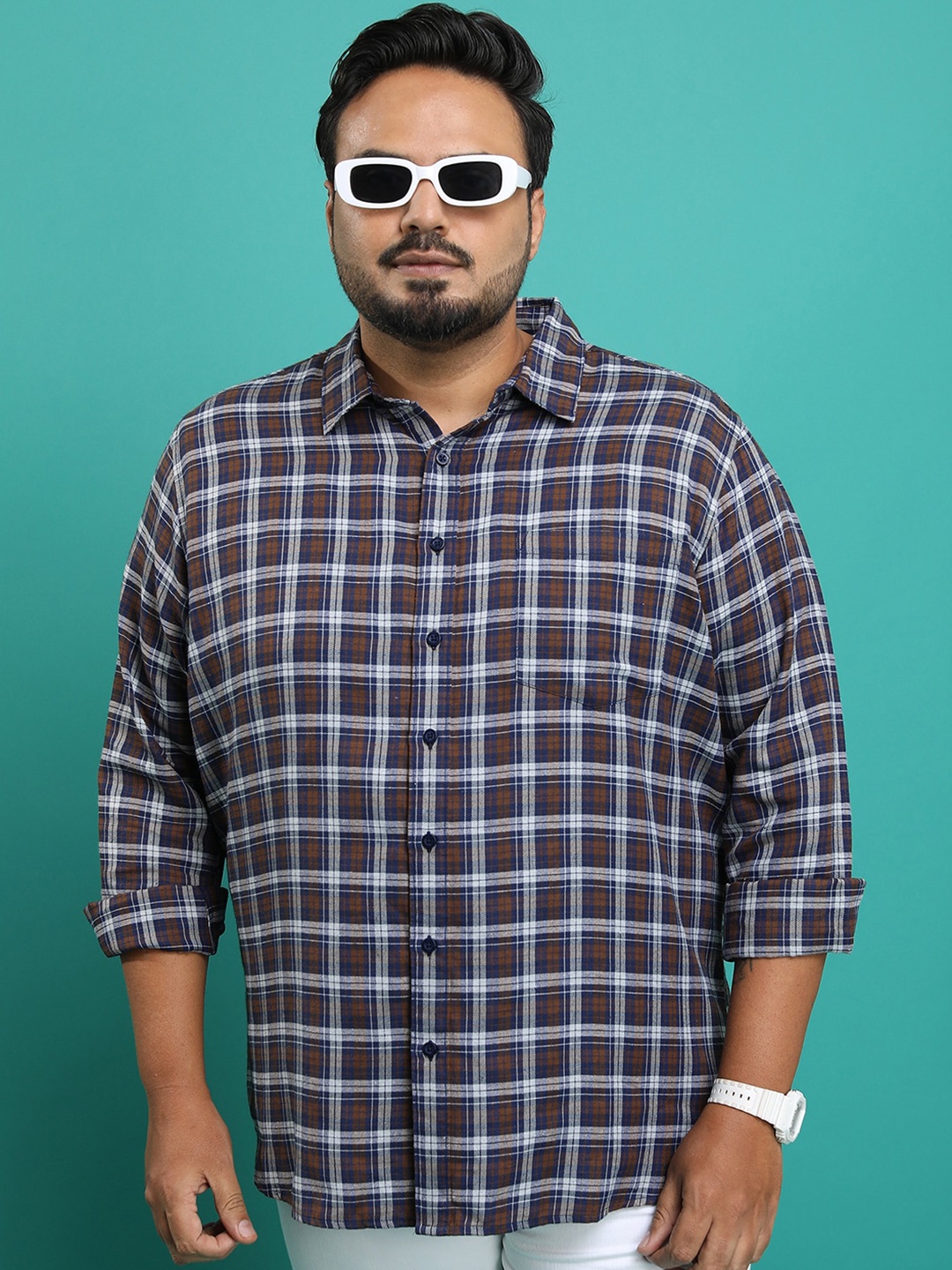 

HIGHLANDER Plus Size Regular Fit Tartan Checked Spread Collar Chest Pocket Casual Shirt, Khaki