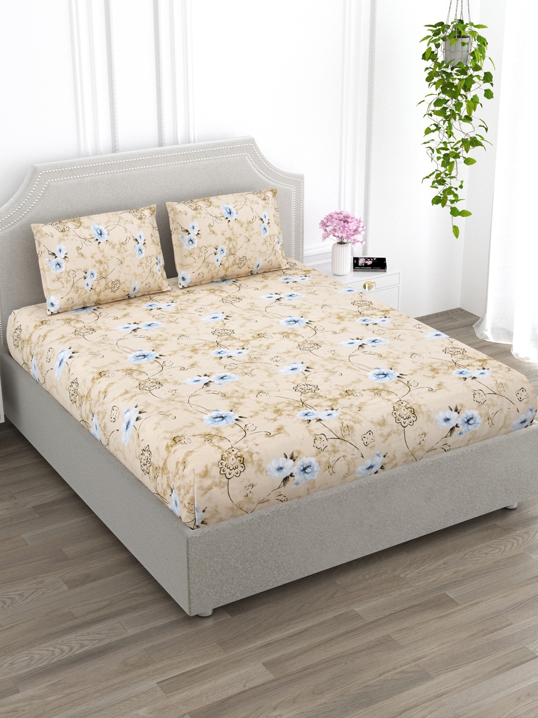 

EverHOME Yellow & Blue Floral Cotton 210 TC Queen Bedsheet with 2 Pillow Covers