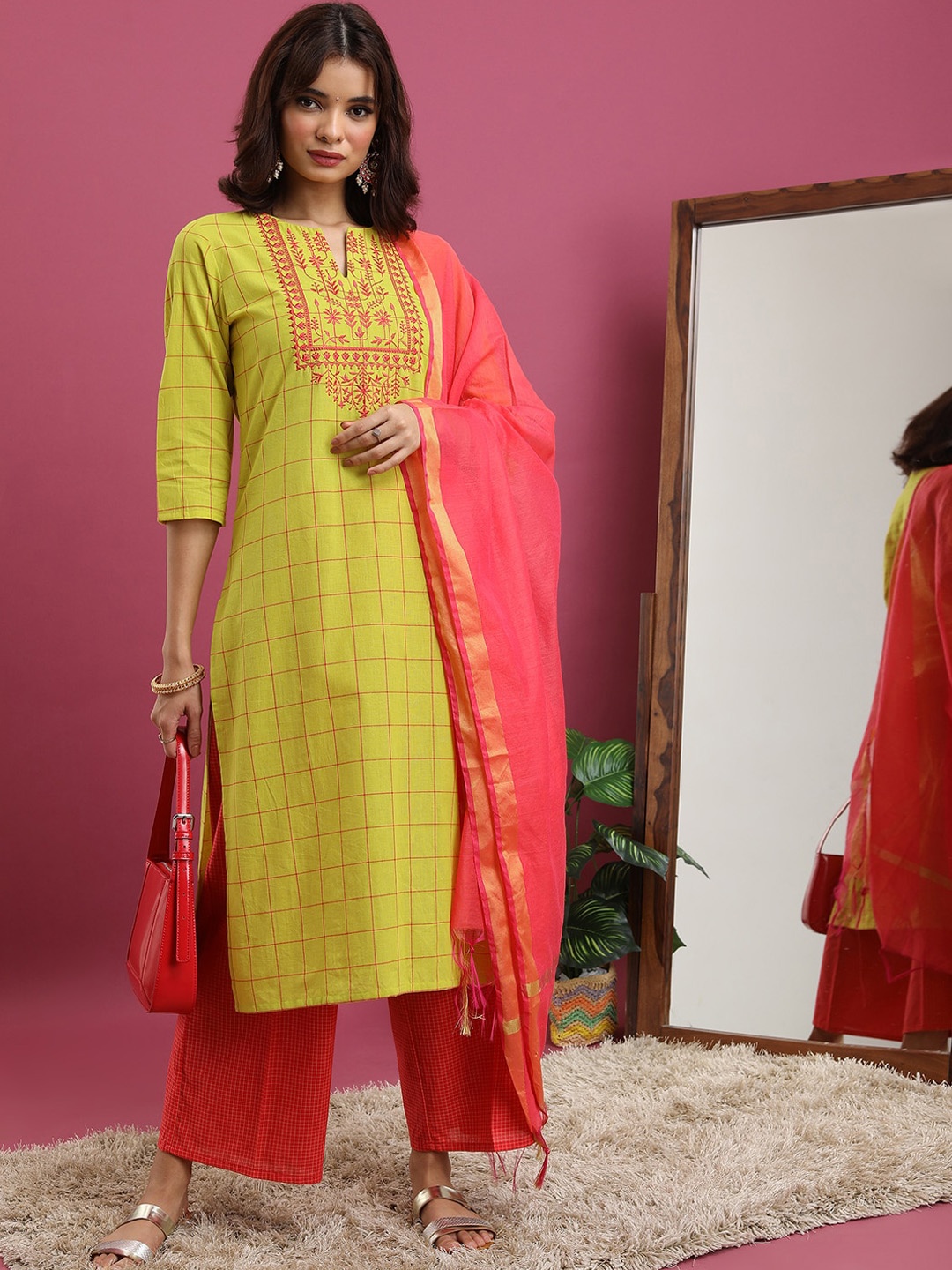 

Vishudh Lime Green Checked Thread Work Pure Cotton Kurta With Palazzos & Dupatta