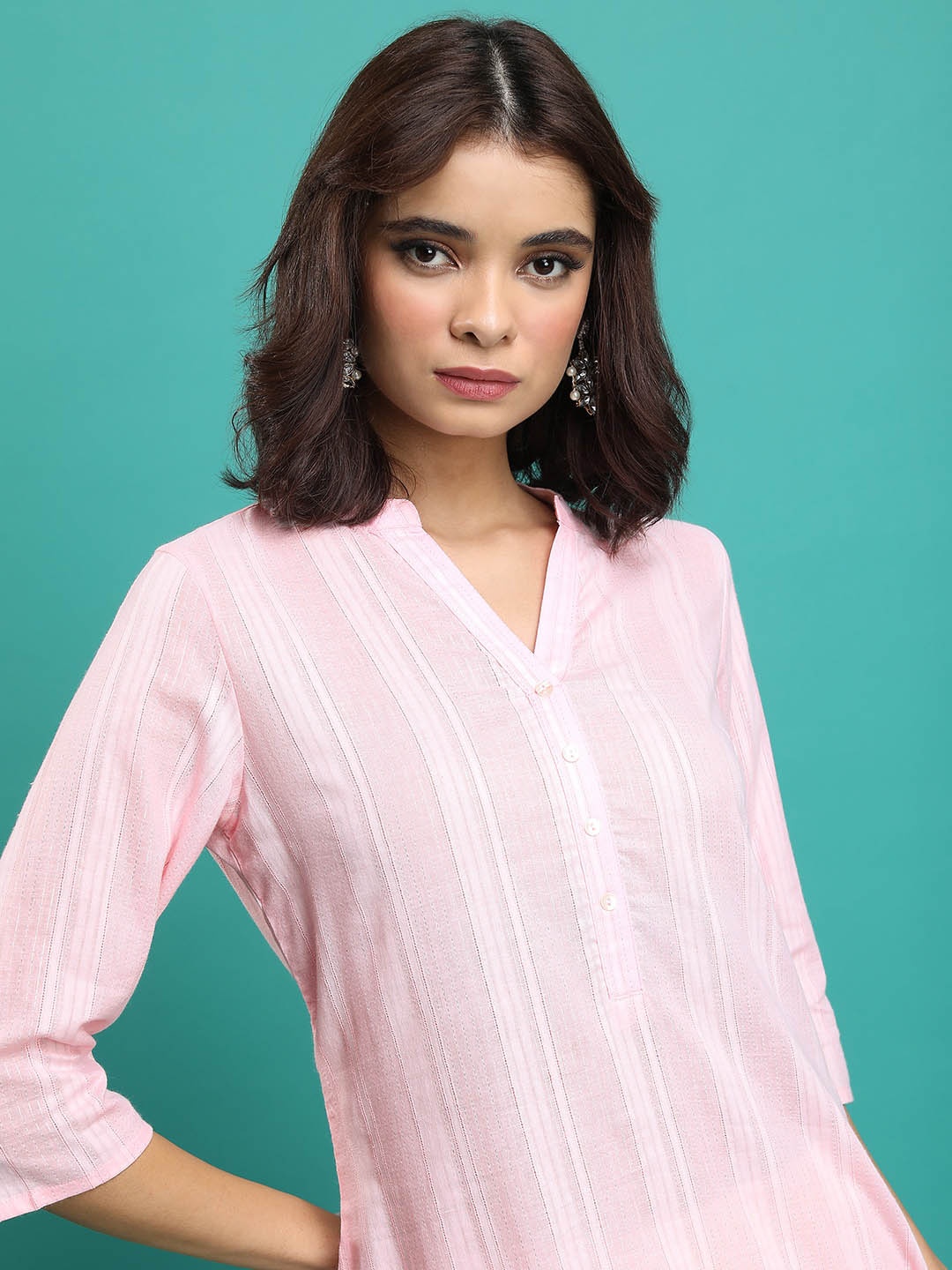 

Vishudh Pink Striped Mandarin Collar Cotton Straight Kurta