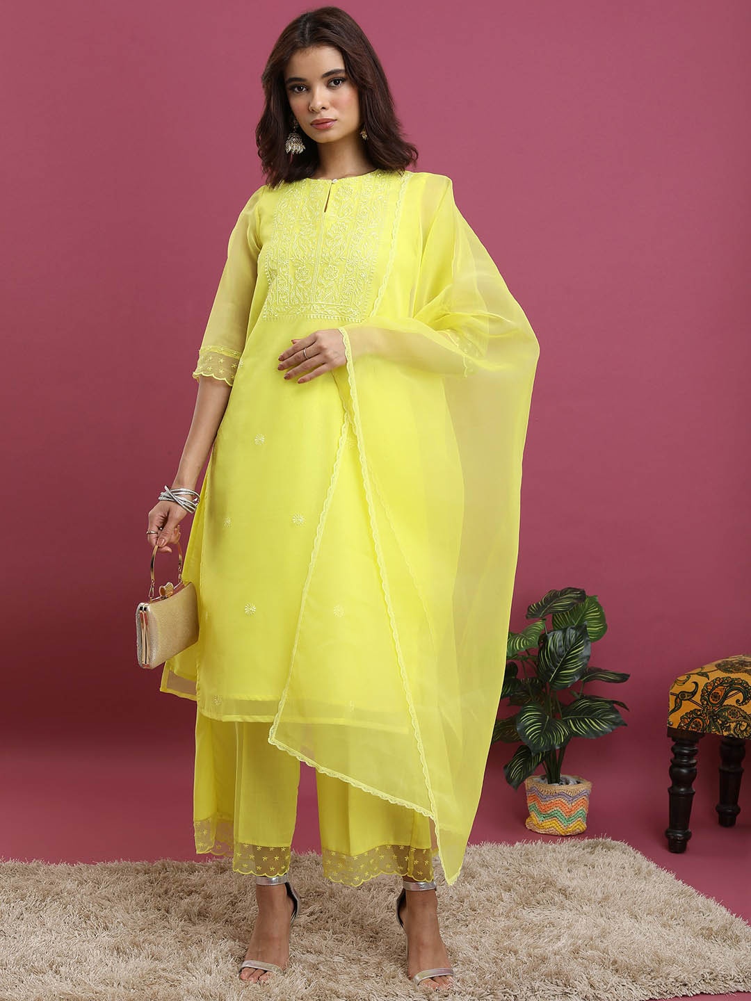 

Vishudh Yellow Ethnic Motifs Yoke Design Thread Work Kurta With Palazzos & Dupatta