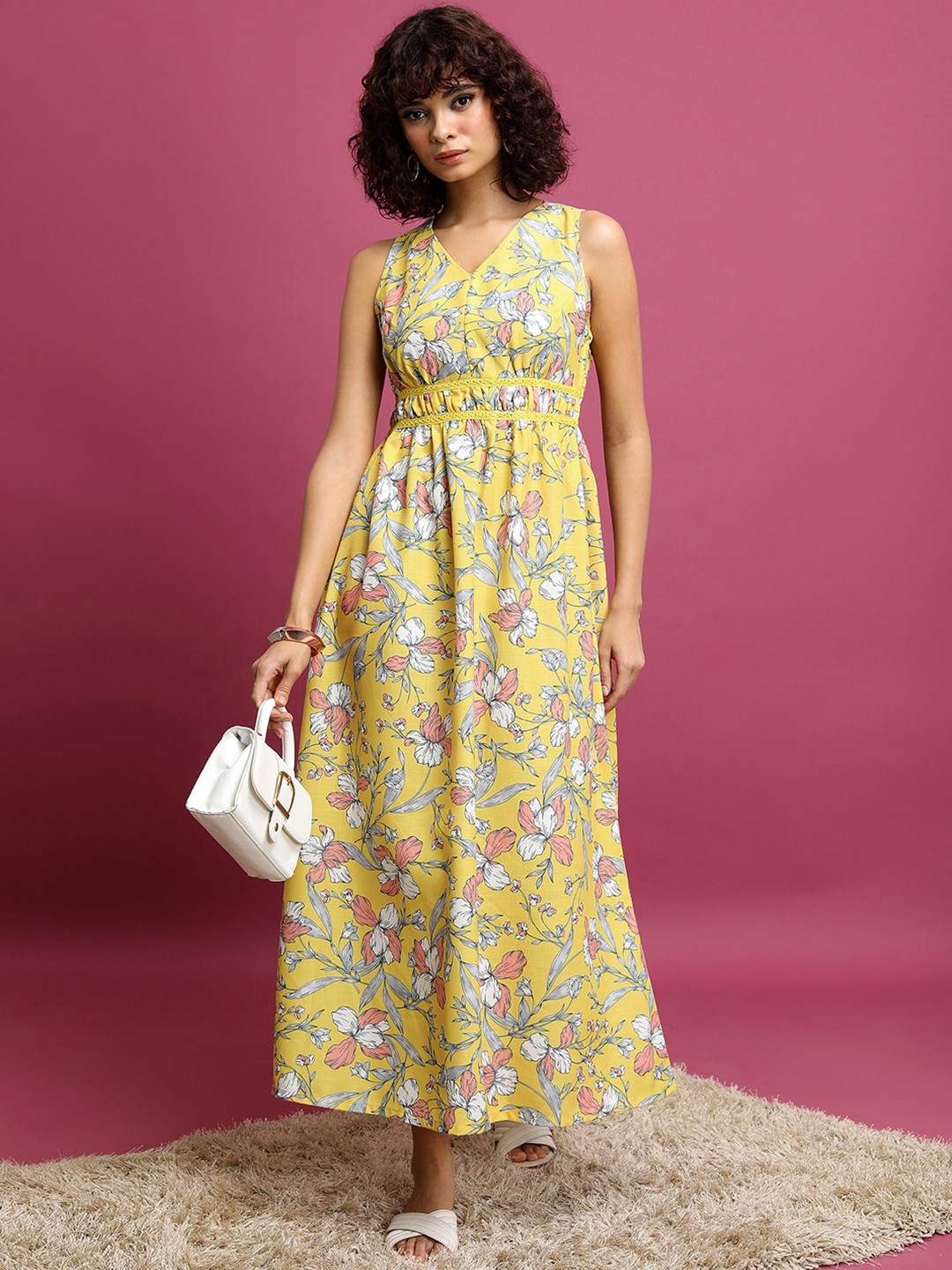 

Vishudh Yellow Floral Printed Gathered Maxi Dress