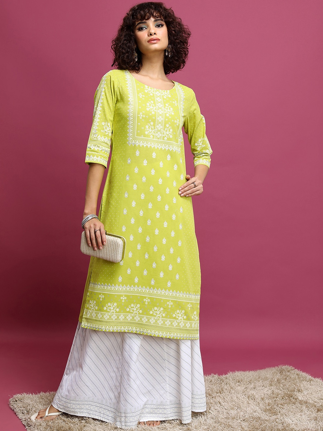 

Vishudh Lime Green Ethnic Motifs Printed Round Neck Pure Cotton Kurta & Skirt