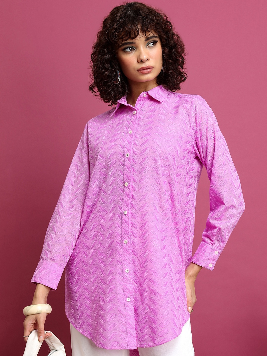 

Vishudh Ethnic Motif Embroidered Longline Casual Shirt, Lavender