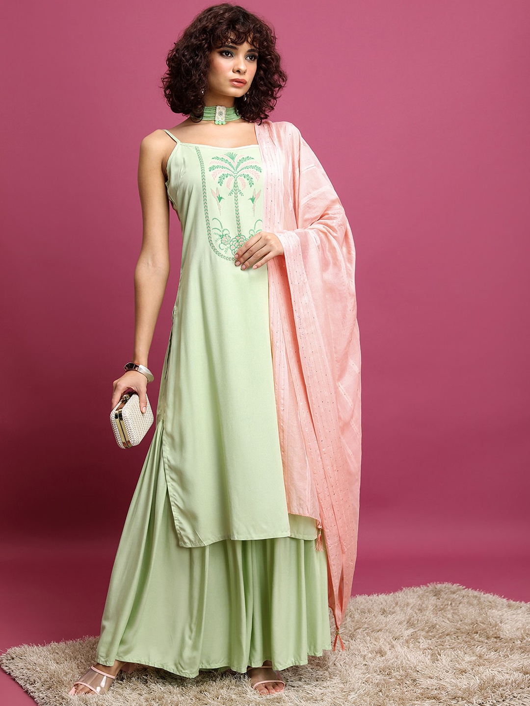 

Vishudh Green Floral Printed Sleeveless Straight Kurta With Sharara & Dupatta