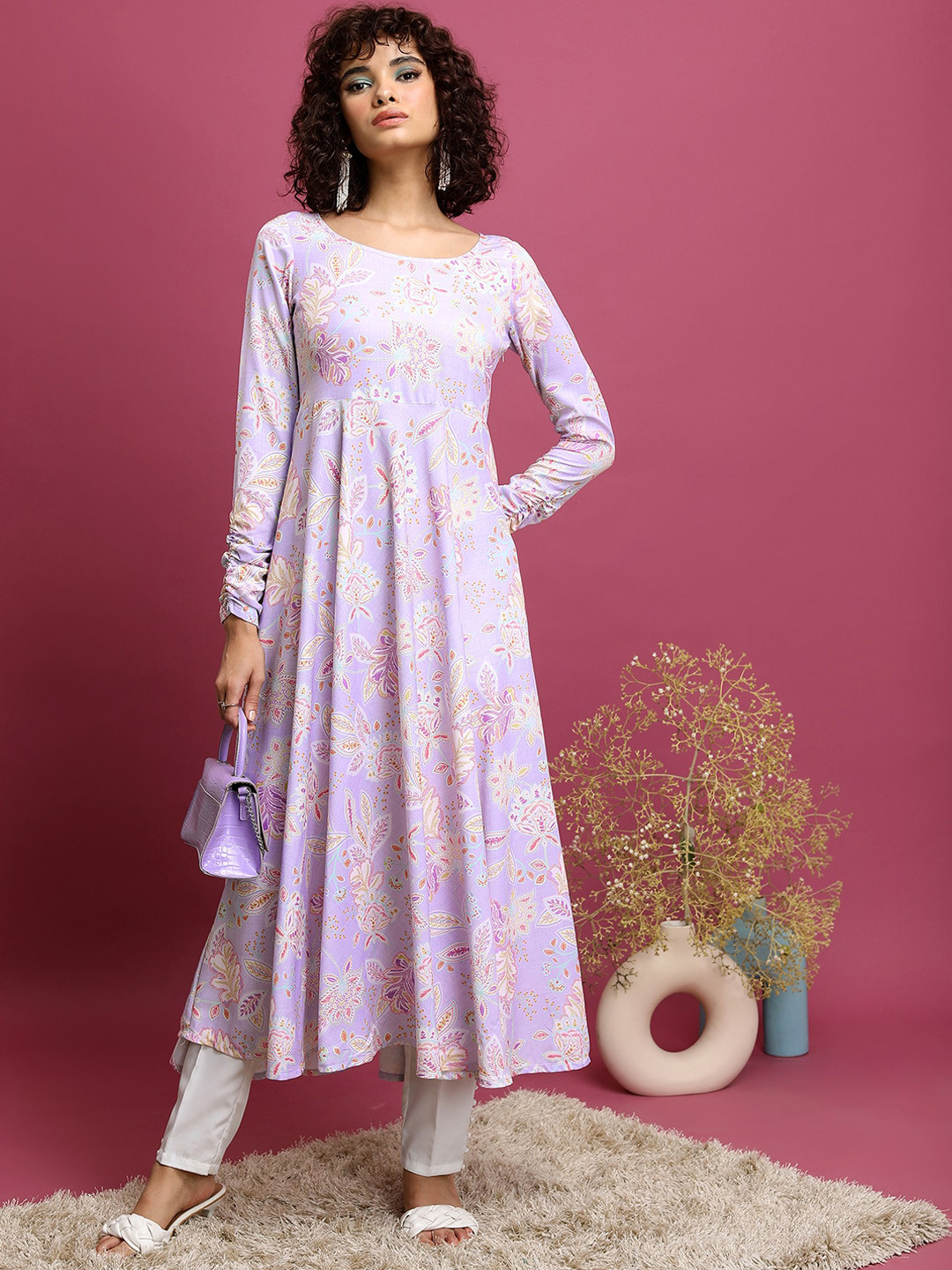 

Vishudh Lavender Ethnic Motifs Printed Round Neck Long Sleeve Anarkali Kurta