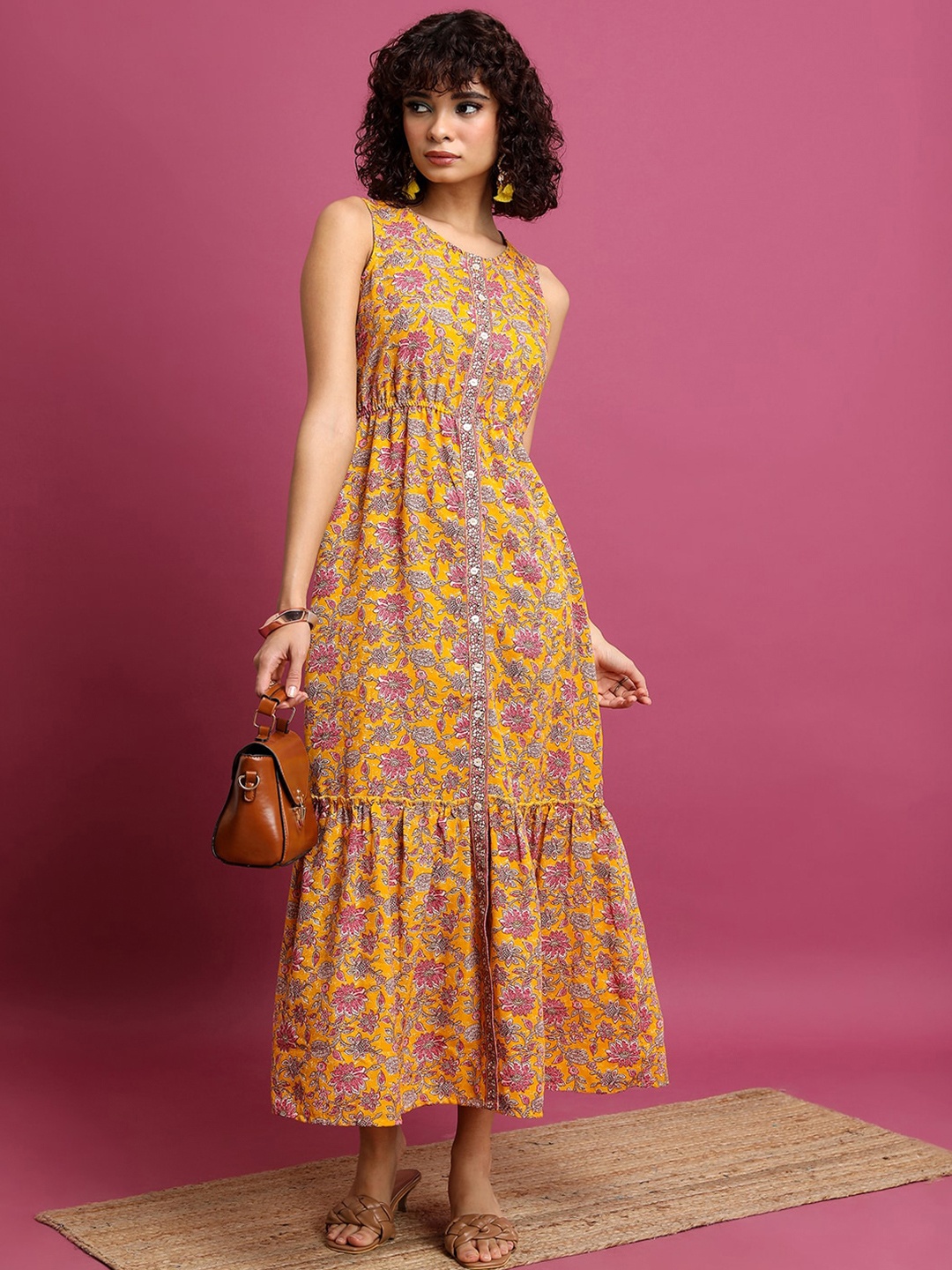 

Vishudh Orange Floral Printed Gathered Maxi Dress, Mustard