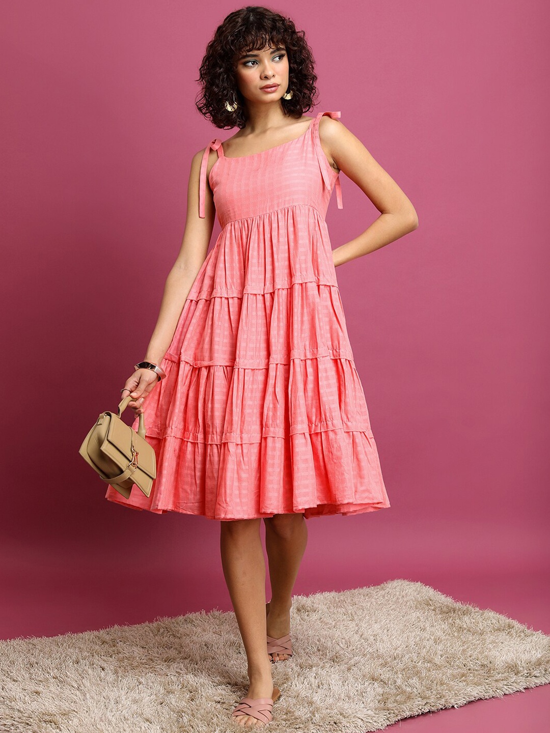 

Vishudh Pink Checked Shoulder Strap Neck Tiered Dress