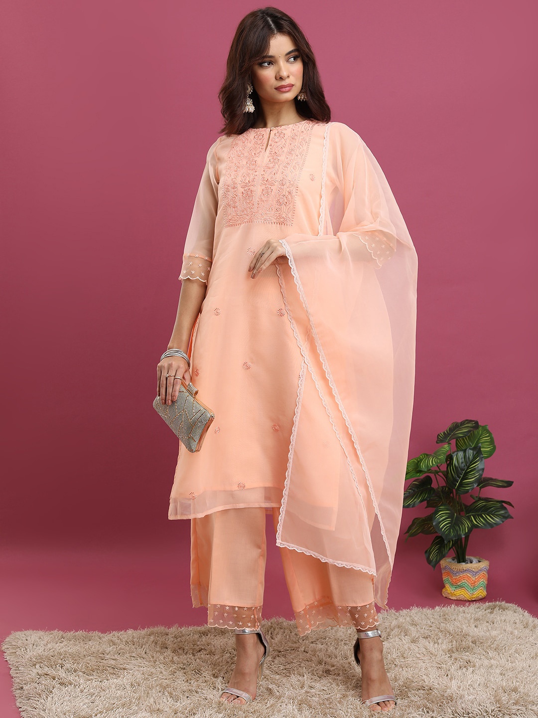 

Vishudh Peach-Coloured Ethnic Motifs Yoke Design Thread Work Kurta With Palazzos & Dupatta