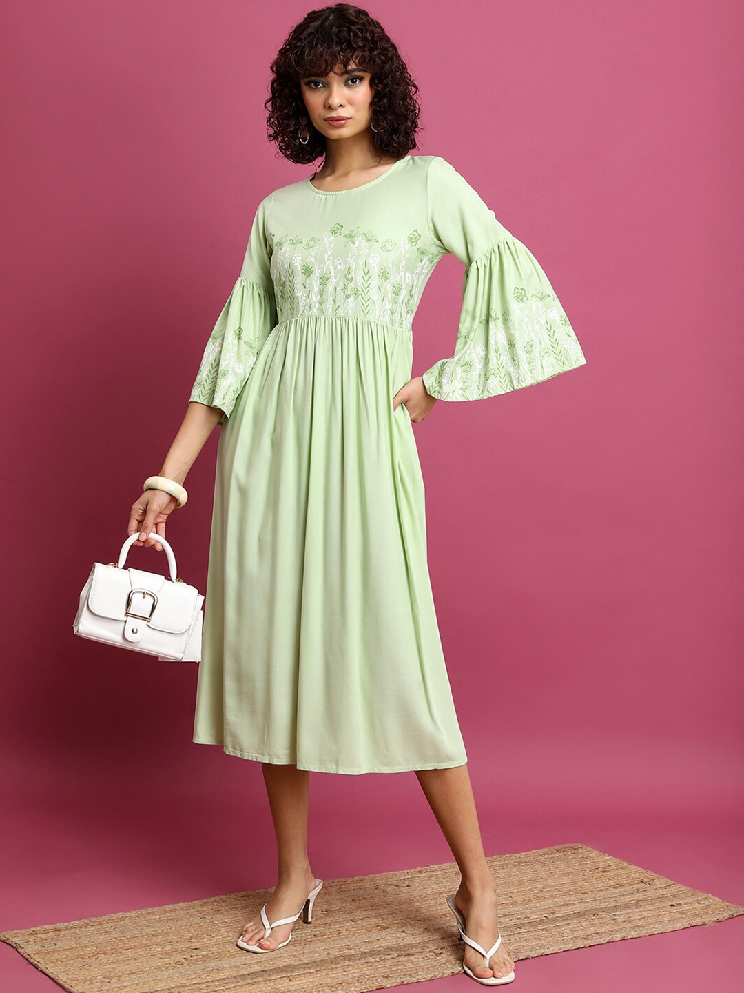 

Vishudh Green Floral Printed Bell Sleeve Pleated A-Line Midi Dress